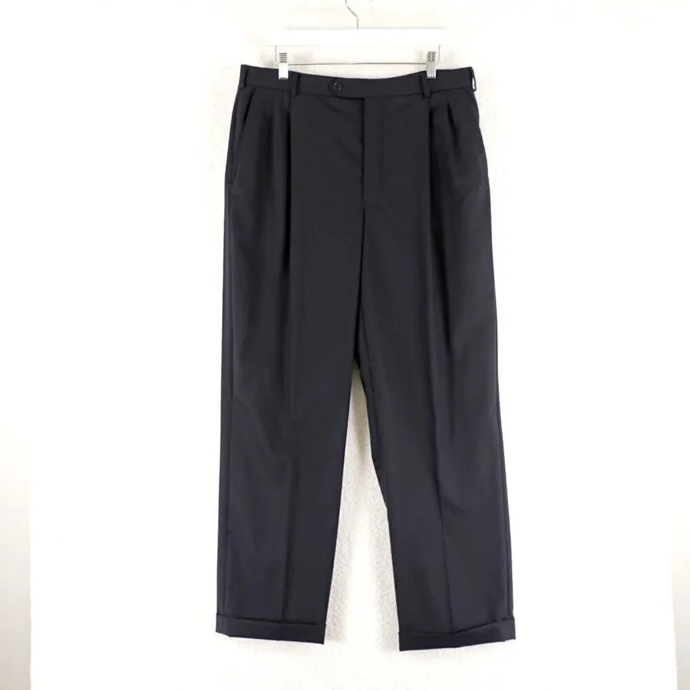 Brooks Brothers 346 Stretch Blue Wool Pleated Cuffed Mid‎ Rise Dress Pants 35/31